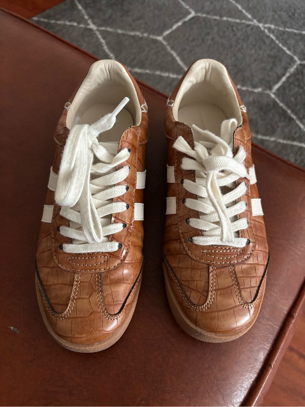 Steve Madden Cognac Croc-Embossed Leather Sneakers with White Stripes